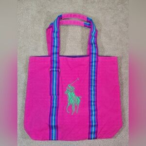 Polo Ralph Lauren Big Pony Pink Green Purple Canvas Zip Tote Bag Large